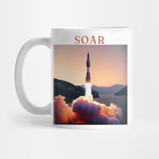 "Solar Soar - Majestic Rocket Launch Tee, Sunset Horizon Design, Vibrant Red, Orange, and White T-shirt, Inspirational 'Soar' Motif, Aesthetic Space Exploration Shirt" Mug